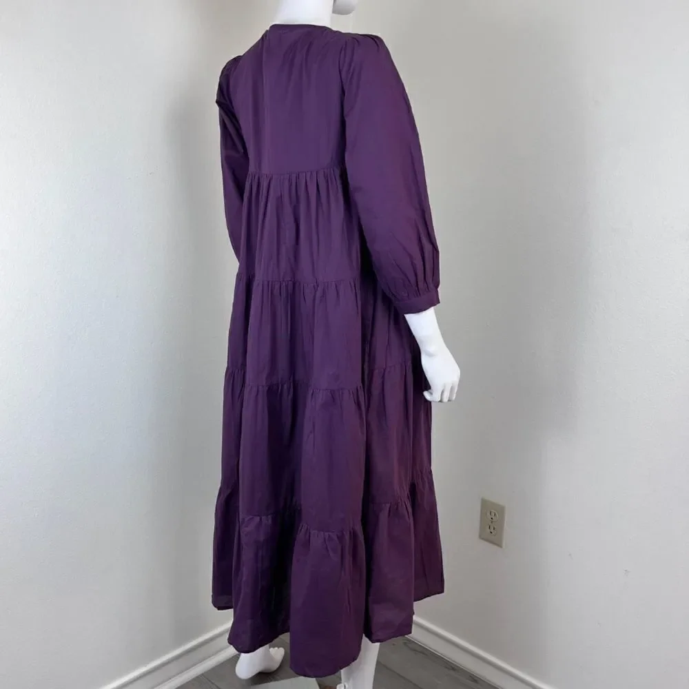 Mille Gemma Women Size XXS Purple Peasant Cotton Pullover Tiered Midi NEW Dress